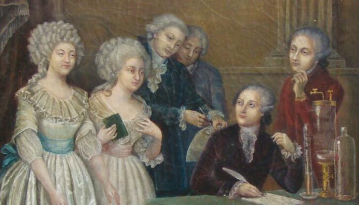 Madame Lavoisier (ezkerrean), Claudine Picardet (liburuarekin), Berthollet, Fourcroy, Lavoisier (eserita) eta Guyton de Morveau (eskuinean).