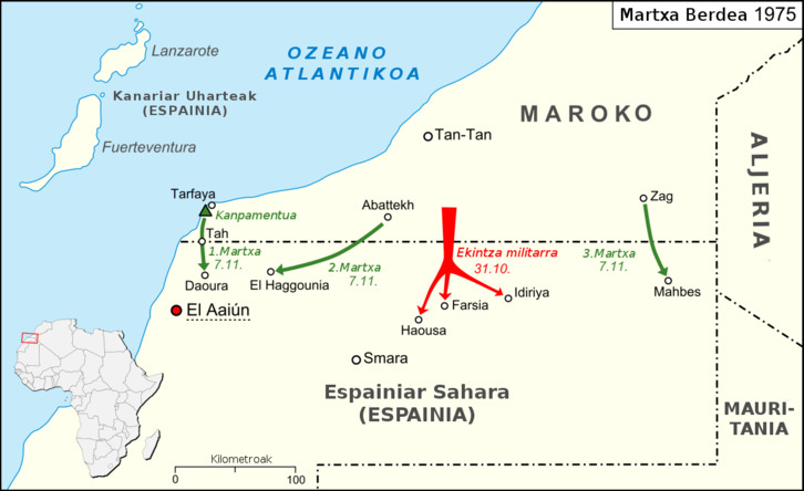 Azaroaren 7ko martxak (berdez) eta urriaren 31ko ekintza militarra (gorriz).