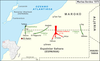 Azaroaren 7ko martxak (berdez) eta urriaren 31ko ekintza militarra (gorriz).