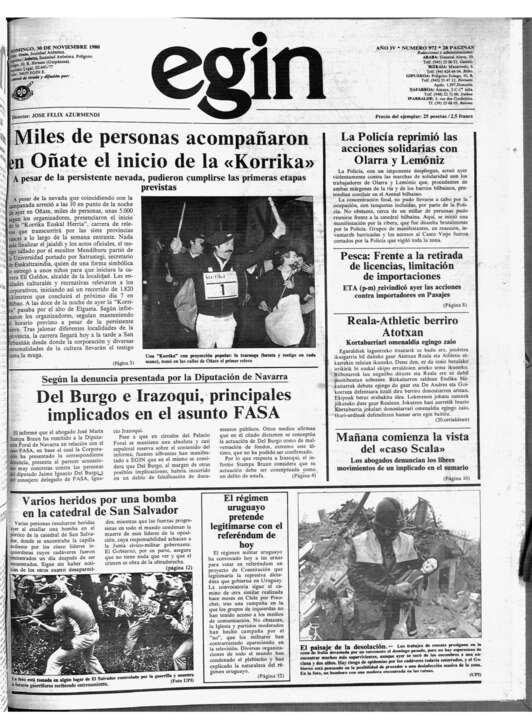 ‘Egin’ egunkariko azalak islatu zuen lehen Korrika hura.