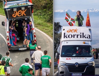 Asier Arroita (txaleko morearekin) eta Joseba Irazabal (argazki kamararekin), furgoneta gainean lanean.